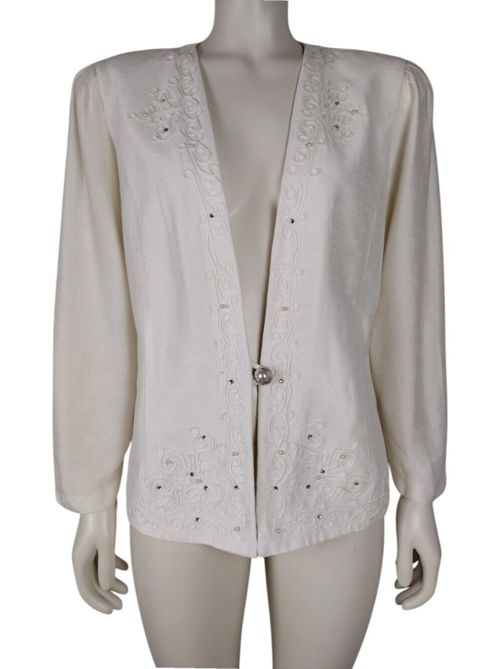 Vintage 1990s Karen Miller Ivory White Collarless Button Down Jacket Size 14